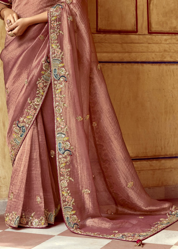 Dusty Rose Designer Tissue Silk Saree With Embroidery
