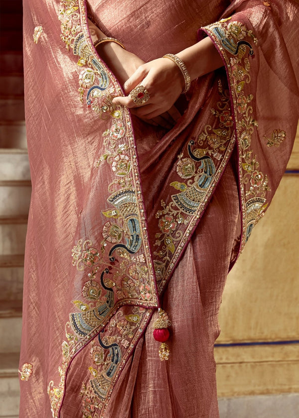 Dusty Rose Designer Tissue Silk Saree With Embroidery