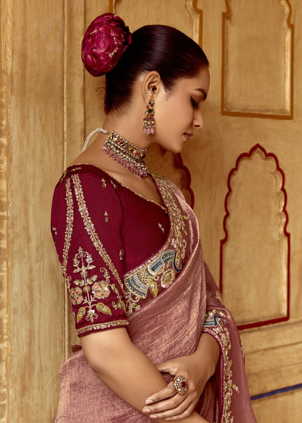 Dusty Rose Designer Tissue Silk Saree With Embroidery