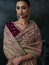 Dusty Rose Embroidered Designer Organza Silk Saree With Contrast Blouse
