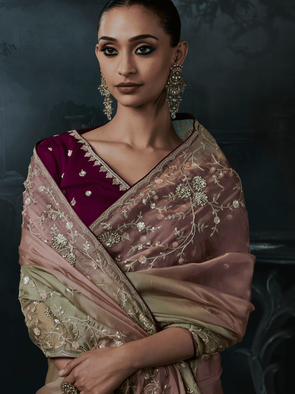 Dusty Rose Embroidered Designer Organza Silk Saree With Contrast Blouse