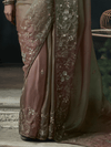 Dusty Rose Embroidered Designer Organza Silk Saree With Contrast Blouse