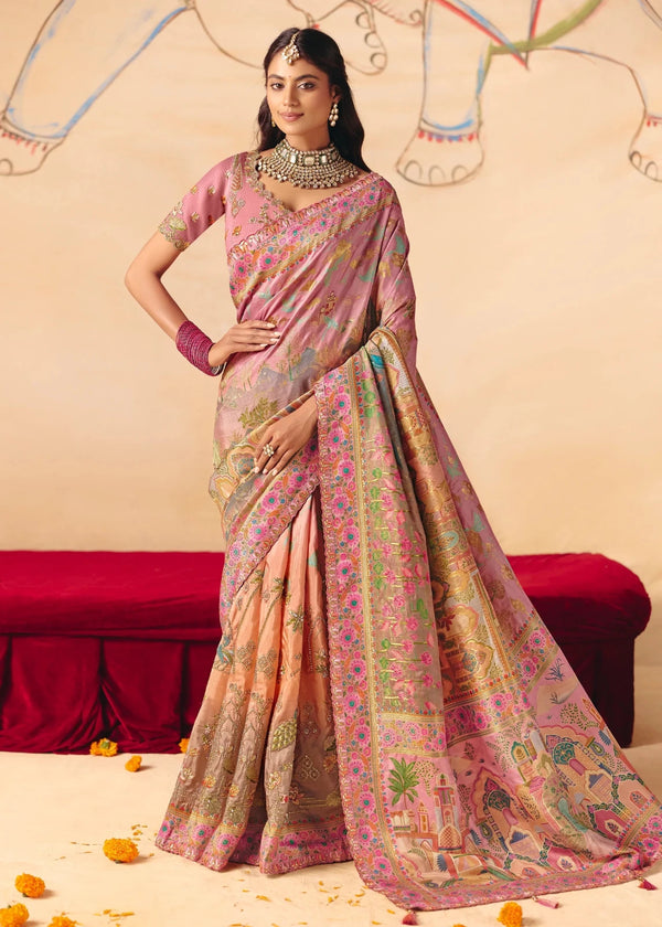 Dusty Rose Mauve Pichwai Designer Dola Silk Saree