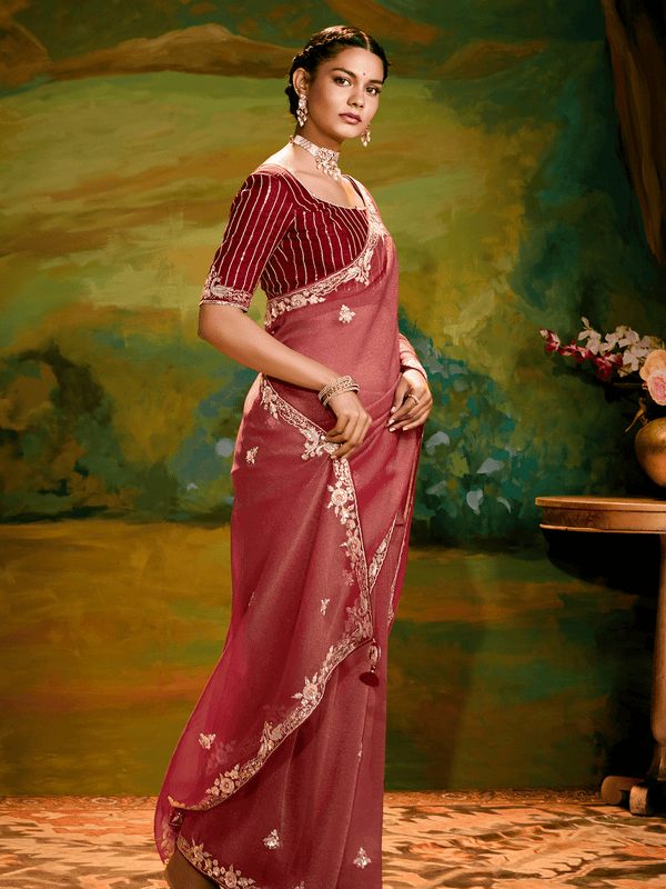 Dusty Rose Organza Designer Saree with Embroidery