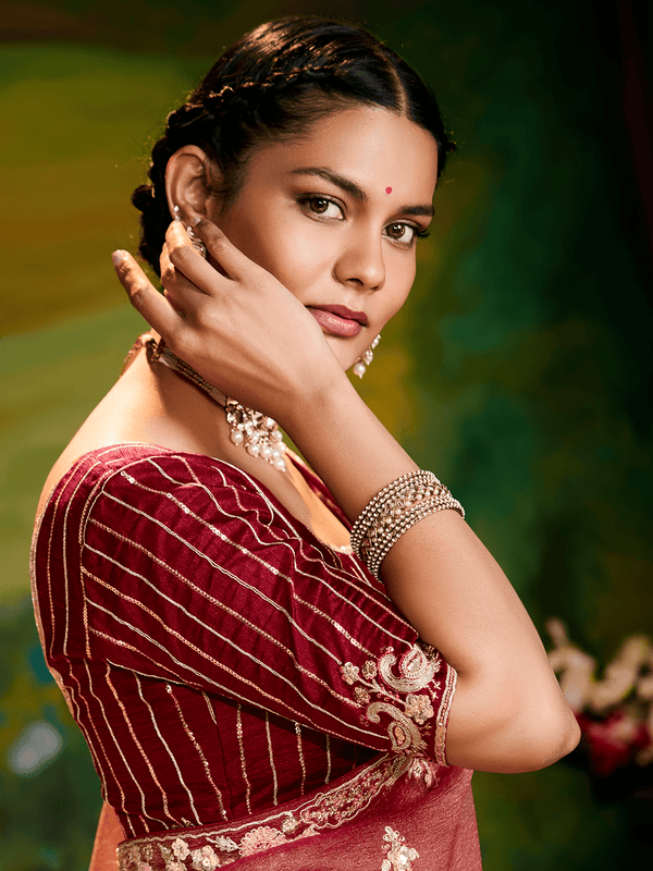 Dusty Rose Organza Designer Saree with Embroidery