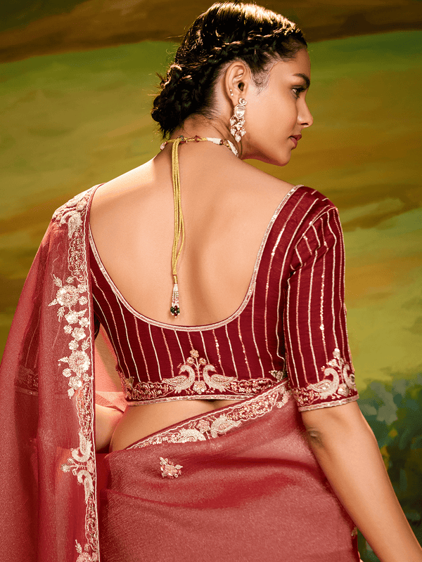 Dusty Rose Organza Designer Saree with Embroidery
