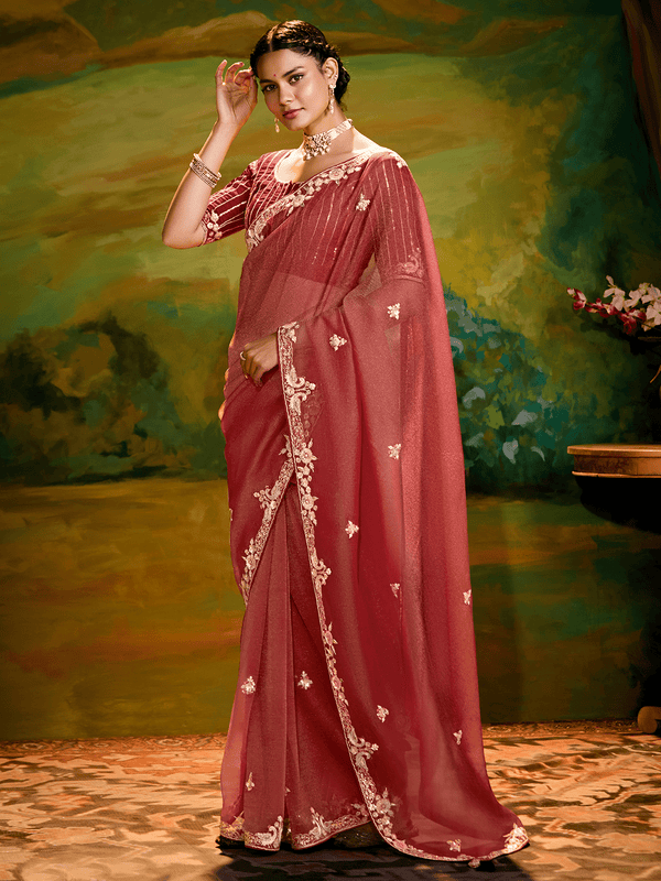 Dusty Rose Organza Designer Saree with Embroidery