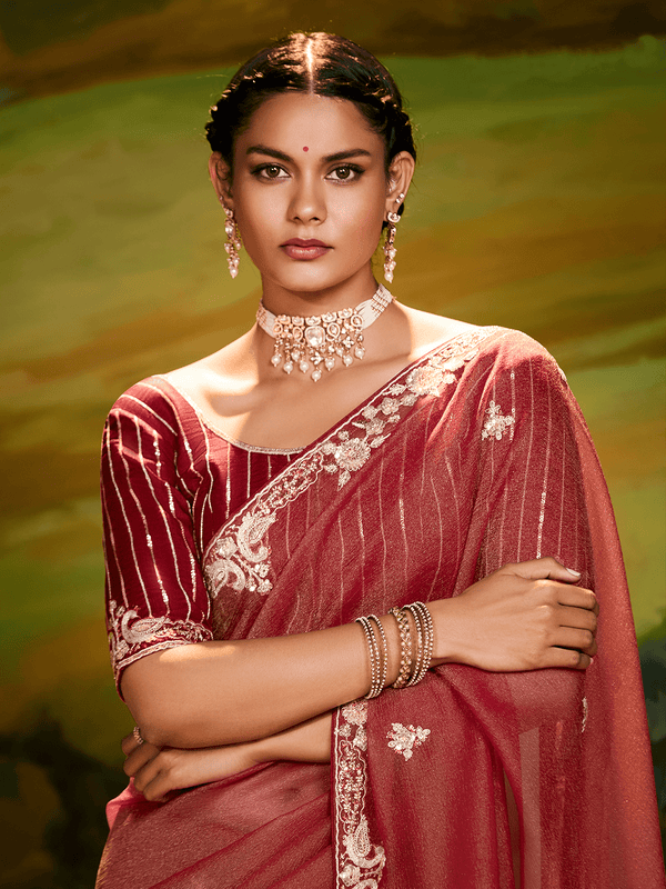 Dusty Rose Organza Designer Saree with Embroidery