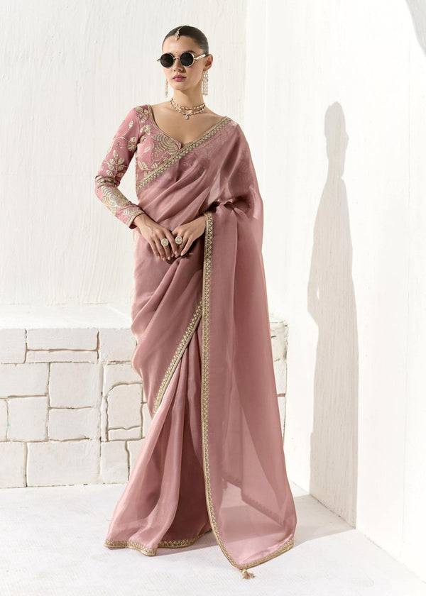 Dusty Rose Organza Tissue Silk Saree