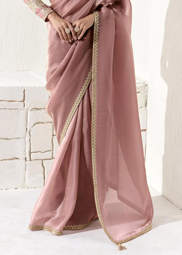 Dusty Rose Organza Tissue Silk Saree