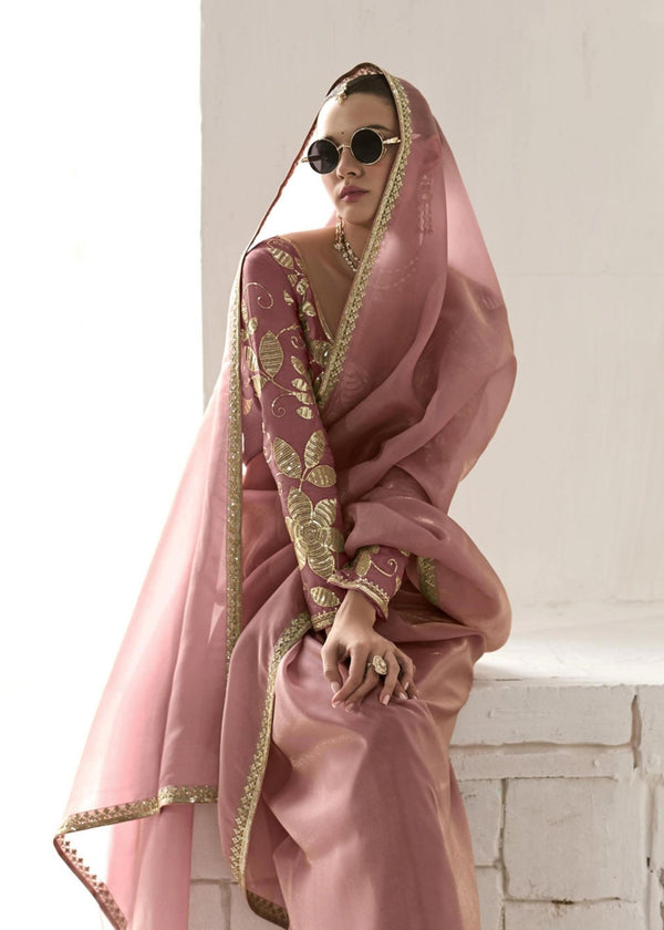 Dusty Rose Organza Tissue Silk Saree