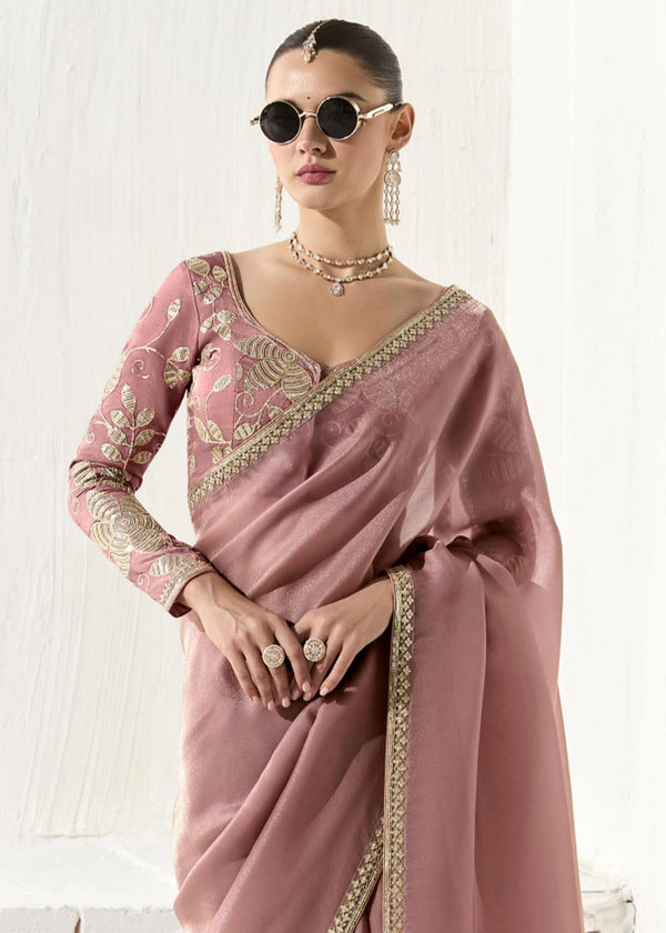 Dusty Rose Organza Tissue Silk Saree