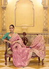 Dusty Rose Pink Banarasi Crepe Silk Saree with Teal Contrast Blouse