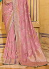 Dusty Rose Pink Banarasi Crepe Silk Saree with Teal Contrast Blouse