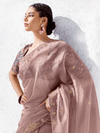 Dusty Rose Pink Embroidered Designer Organza Silk Saree With Contrast Blouse