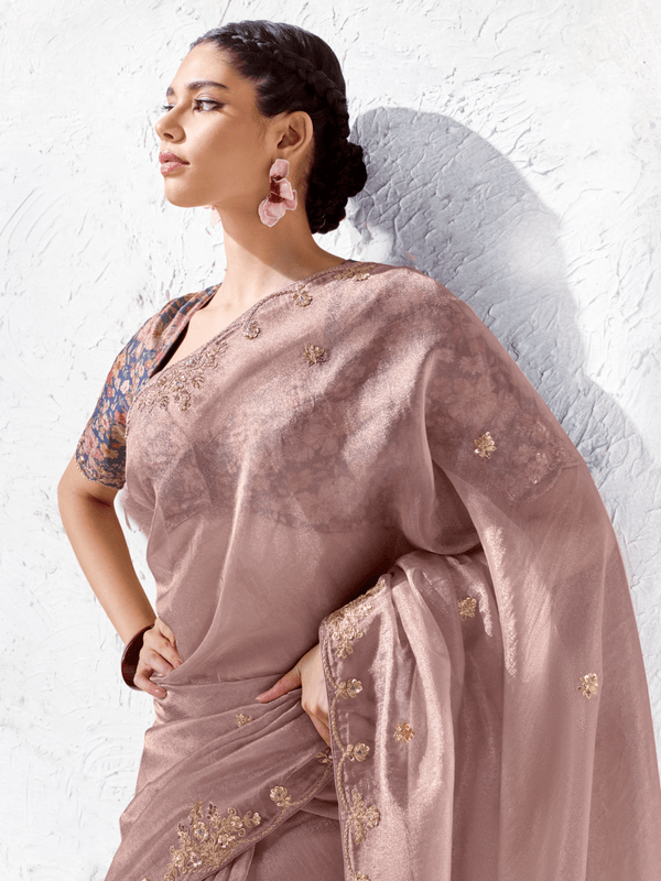Dusty Rose Pink Embroidered Designer Organza Silk Saree With Contrast Blouse