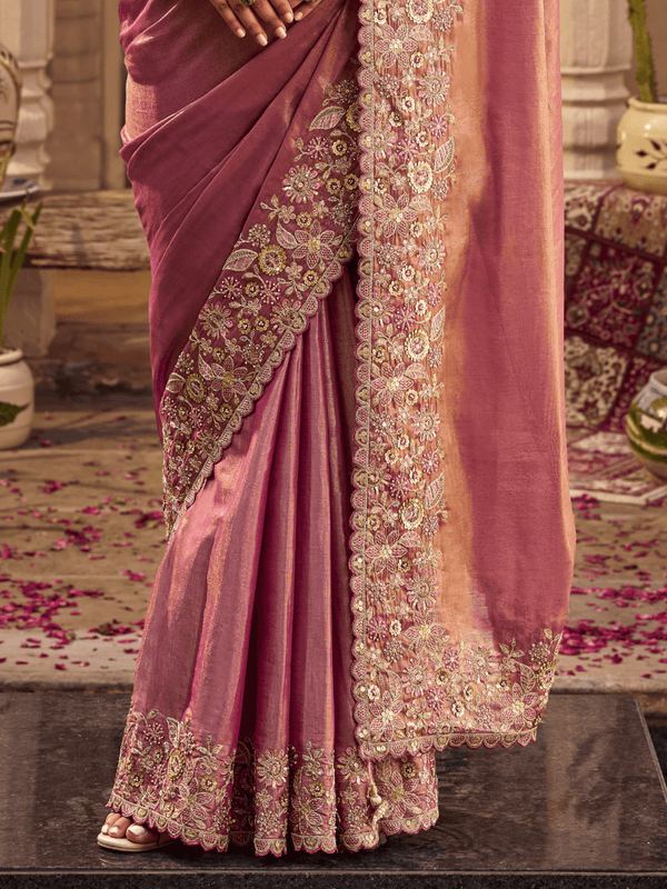Dusty Rose Pink Embroidered Designer Tissue Silk Saree