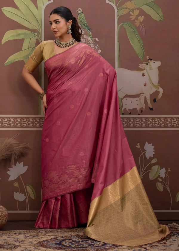 Dusty Rose Pink Tussar Silk Saree with Gold Contrast Blouse