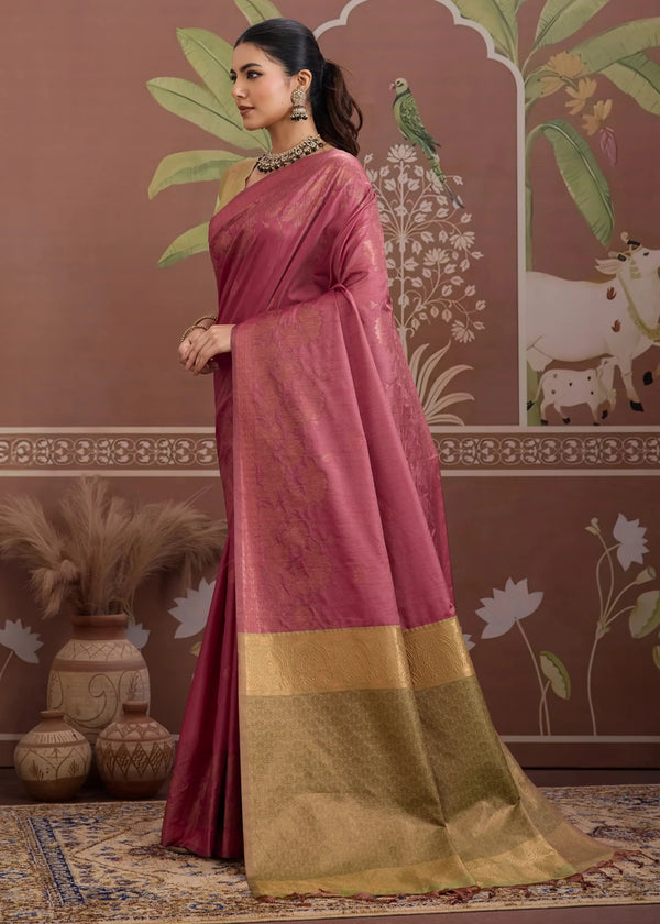 Dusty Rose Pink Tussar Silk Saree with Gold Contrast Blouse