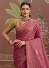 Dusty Rose Pink Tussar Silk Saree with Gold Contrast Blouse