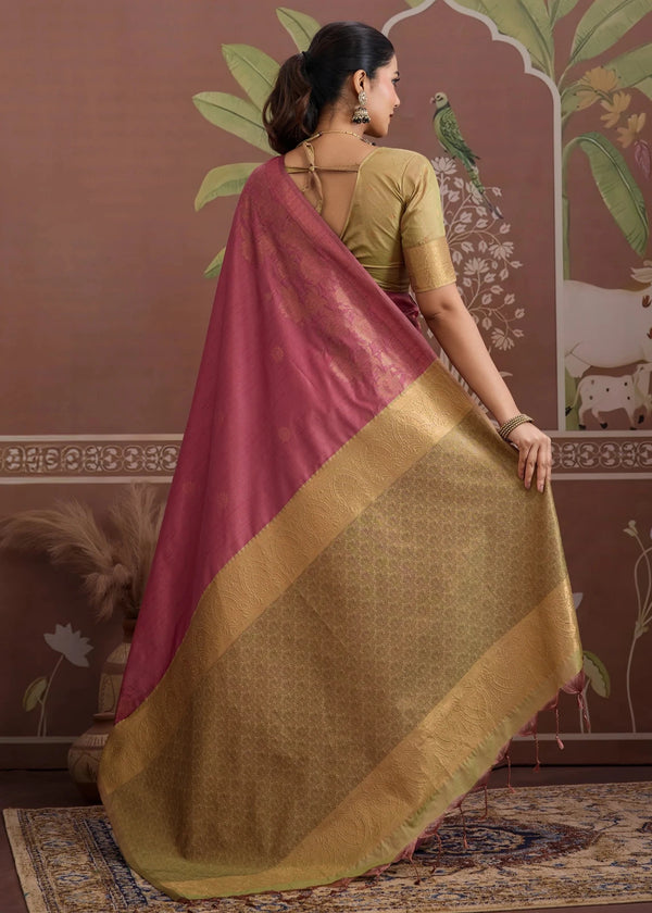 Dusty Rose Pink Tussar Silk Saree with Gold Contrast Blouse