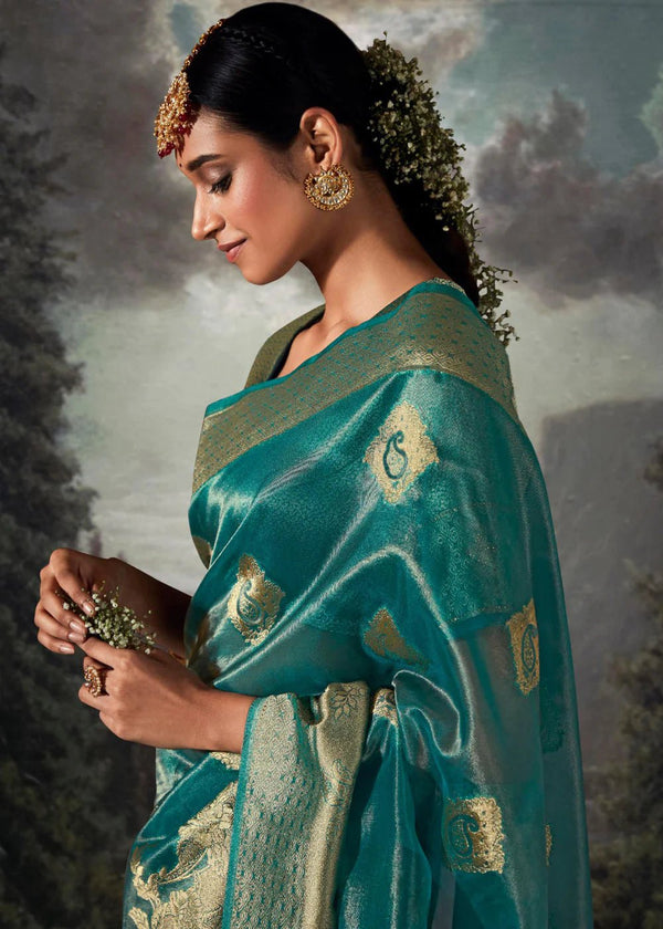 Eden Blue Woven Banarasi Organza Silk Saree