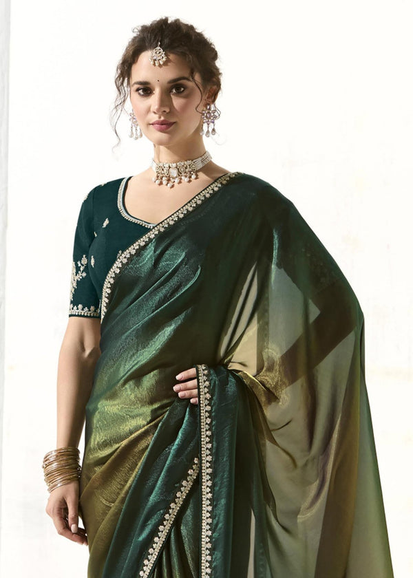 Emerald Green and Teal Organza Tissue Silk Saree