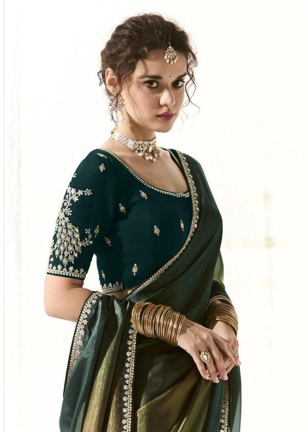 Emerald Green and Teal Organza Tissue Silk Saree