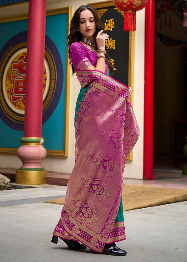 Emerald Green Banarasi Silk Saree With Contrast Blouse