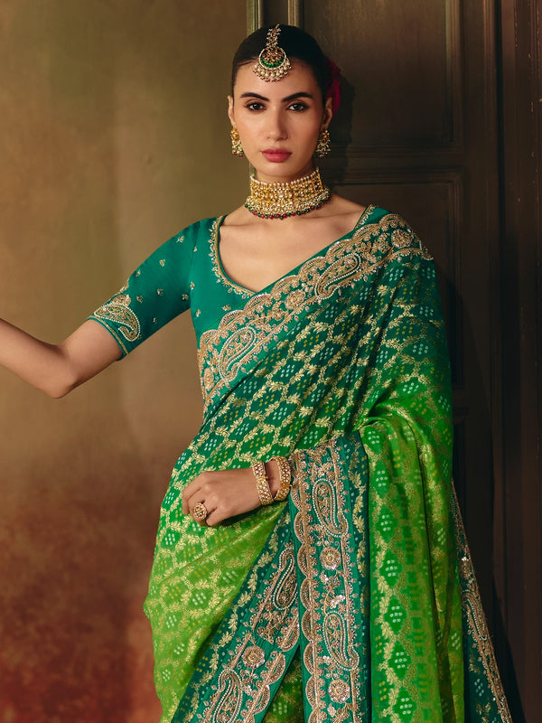 Emerald Green Bandhani Banarasi Georgette Saree, pallu and blouse