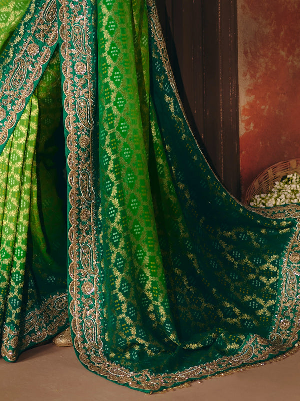 Emerald Green Bandhani Banarasi Georgette Saree, border and drape