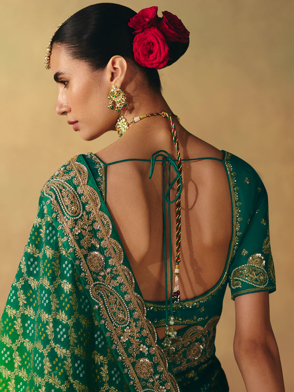 Emerald Green Bandhani Banarasi Georgette Saree, back view