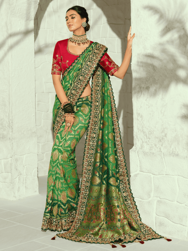 Emerald Green Bandhani Banarasi Georgette Saree With Contrast Blouse