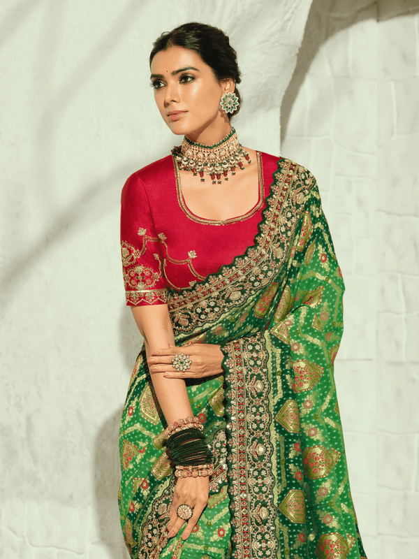 Emerald Green Bandhani Banarasi Georgette Saree With Contrast Blouse