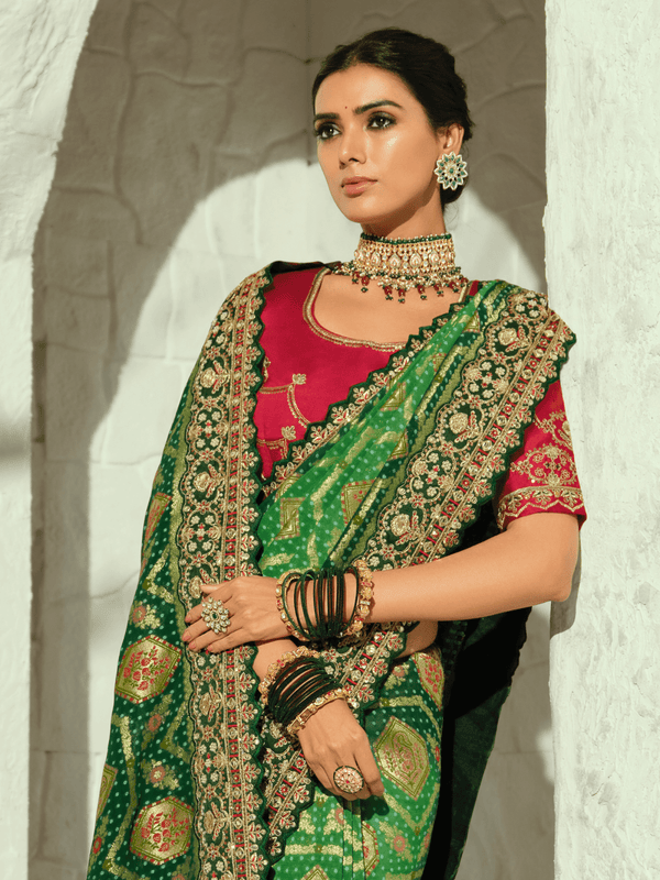 Emerald Green Bandhani Banarasi Georgette Saree With Contrast Blouse