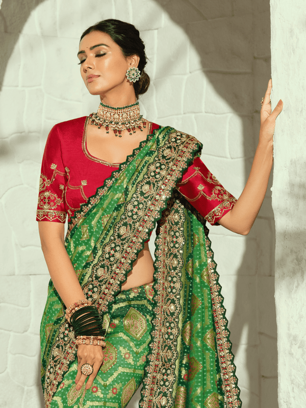 Emerald Green Bandhani Banarasi Georgette Saree With Contrast Blouse