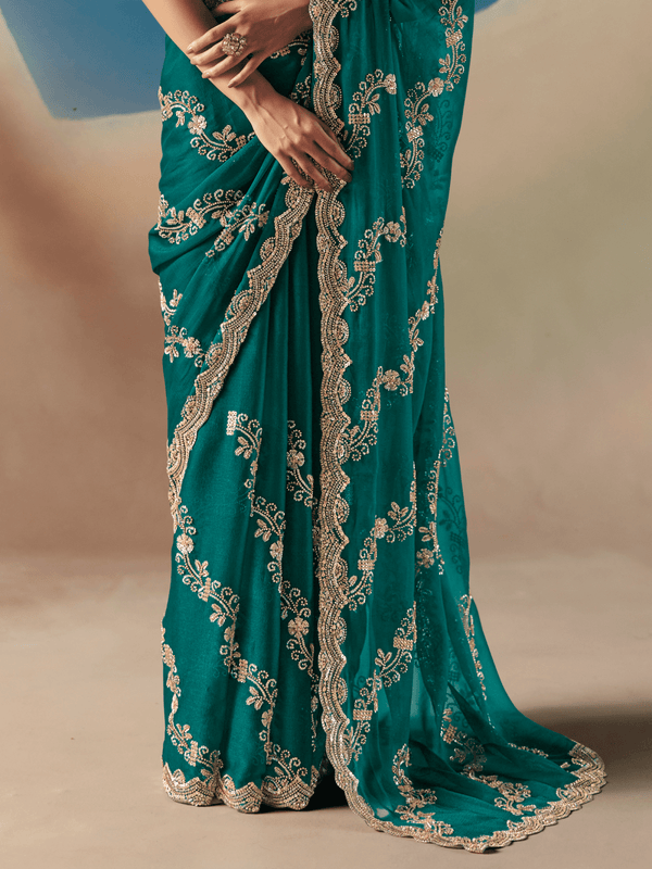 Emerald Green Embroidered Designer Organza Silk Saree