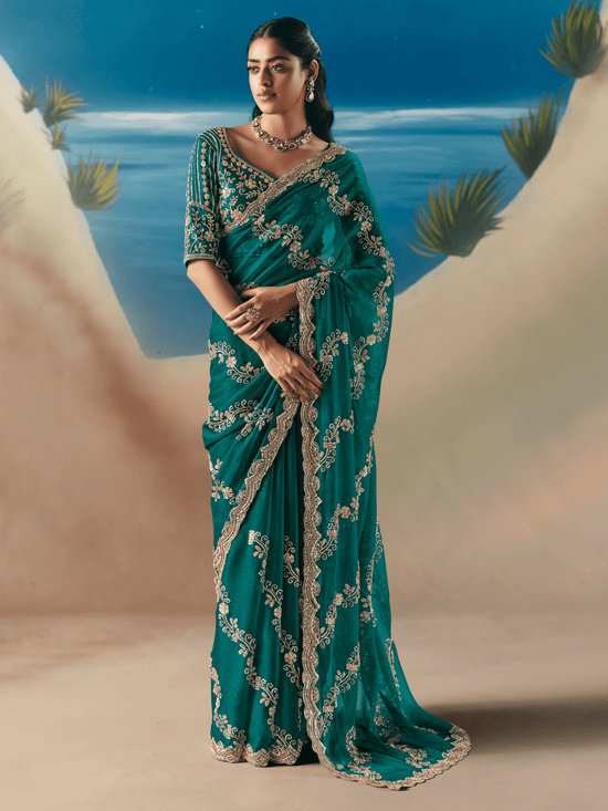 Emerald Green Embroidered Designer Organza Silk Saree