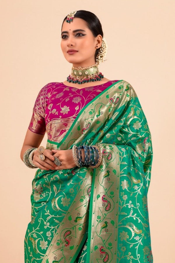Emerald Green Paithani Silk Saree Zari Woven