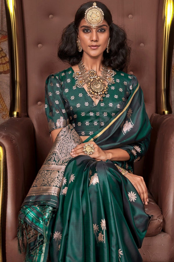 Emerald Green Pichwai Satin Silk Saree