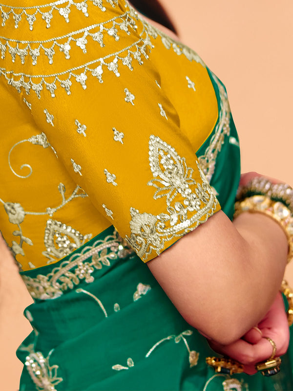 Emerald Green Satin Silk Designer Saree with Yellow Contrast Blouse