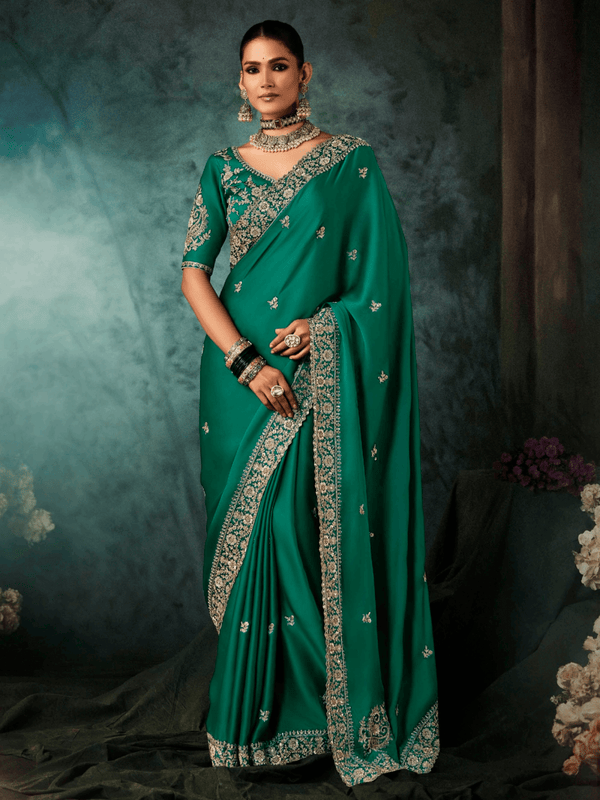 Emerald Green Satin Silk Saree