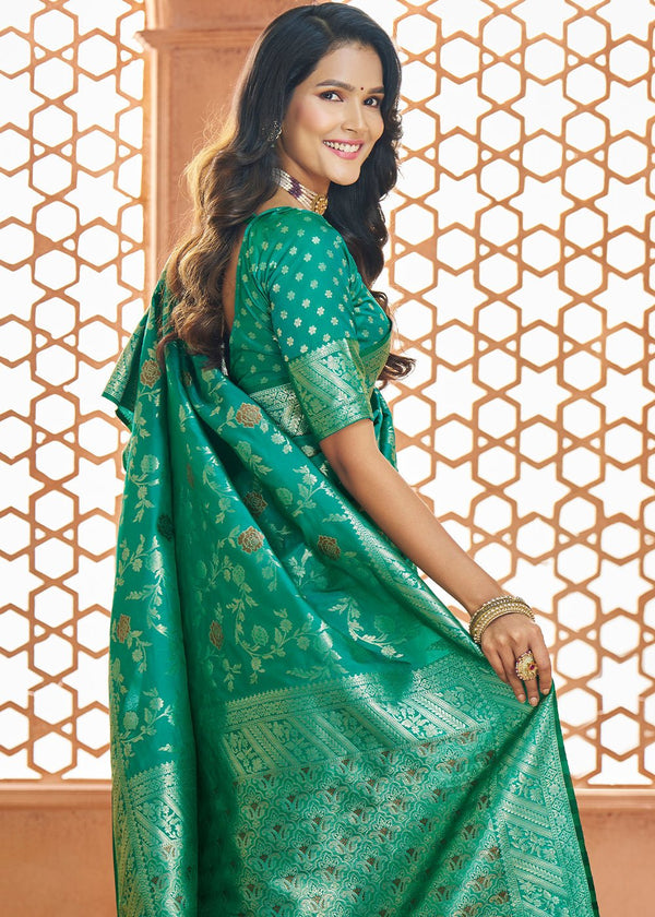 Emerald Green Woven Banarasi Soft Silk Saree