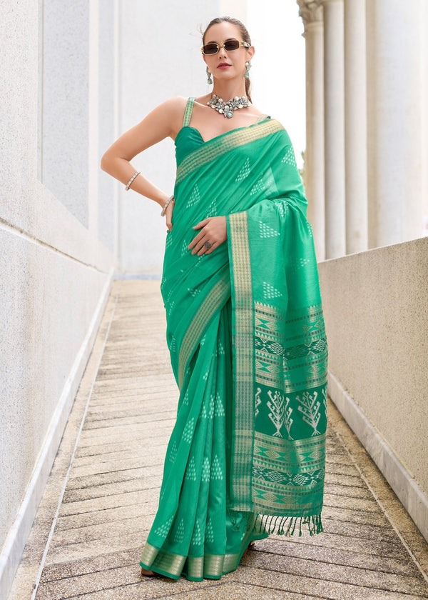 Emerald Green Zari Woven Soft Silk Saree With Ikat Pallu