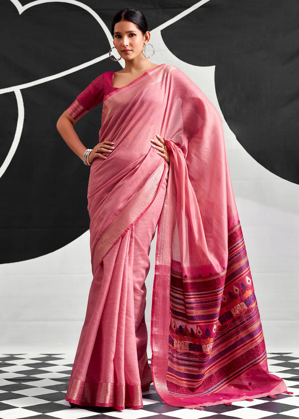 Rose Pink Woven Designer Linen Cotton Saree