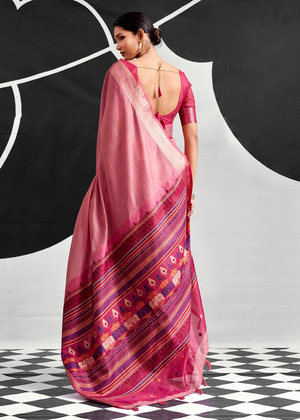 Rose Pink Woven Designer Linen Cotton Saree