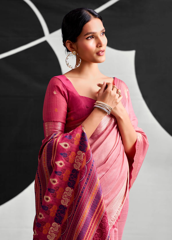 Rose Pink Woven Designer Linen Cotton Saree
