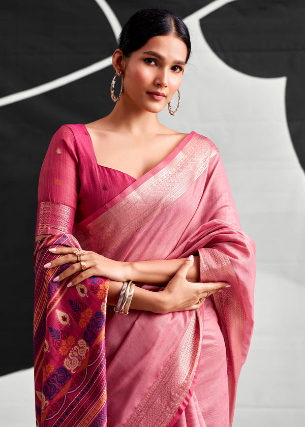 Rose Pink Woven Designer Linen Cotton Saree