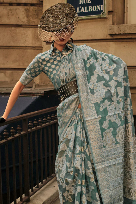 Forest Green Lucknowi Chikankari Organza Saree