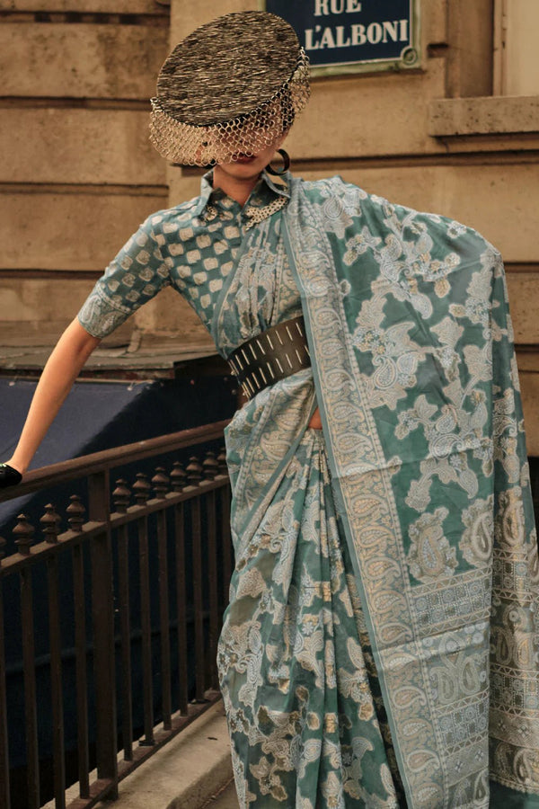 Forest Green Lucknowi Chikankari Organza Saree